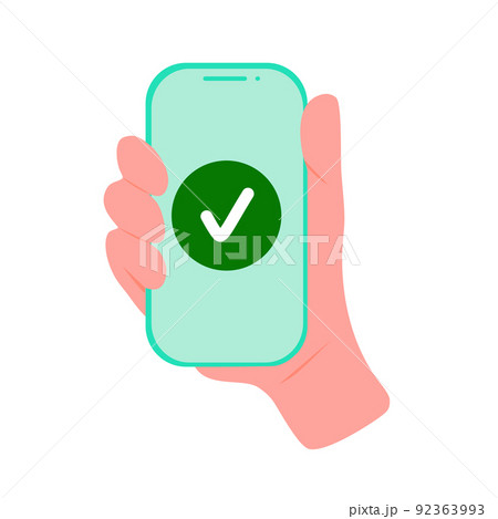 Hand holding phone with check mark. Mobile or online electronic wallet payment with smartphone 92363993