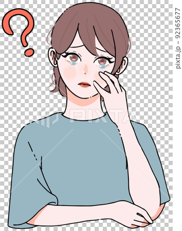 はてな 疑問を持って首をかしげる若い女性のイラスト 涙目のイラスト素材