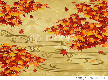 装飾背景-金箔に紅葉と流水 92366634