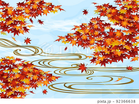 装飾背景 青空に紅葉と流水のイラスト素材