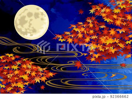装飾背景-夜空に紅葉と流水と月 92366662