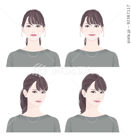 ポニーテールの女性の顔のセット。少し上向きの顔と斜めの顔。標準の表情と笑顔。 92367117