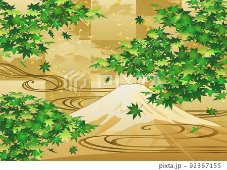 装飾背景-金箔に青もみじと流水と富士山 装飾背景-金箔に青もみじと流水と富士山 92367155