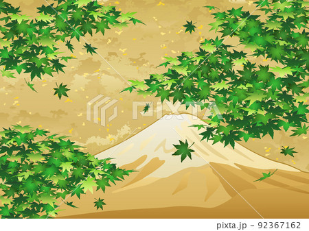 装飾背景-金箔に青もみじと富士山 装飾背景-金箔に青もみじと富士山 92367162