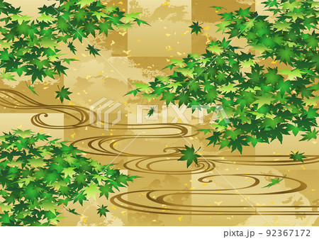 装飾背景-金箔に青もみじと流水 装飾背景-金箔に青もみじと流水 92367172
