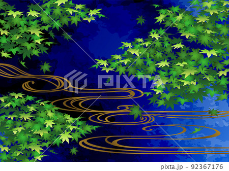 装飾背景-夜空に青もみじと流水 装飾背景-夜空に青もみじと流水 92367176