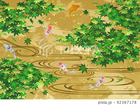 装飾背景-金箔に青もみじと流水と錦鯉 92367178