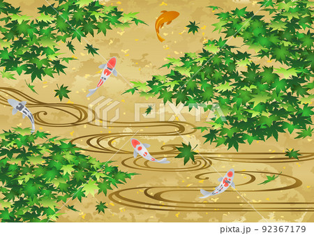 装飾背景-金箔に青もみじと流水と錦鯉 92367179