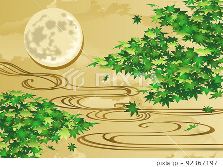 装飾背景-金箔に青もみじと流水と月 装飾背景-金箔に青もみじと流水と月 92367197