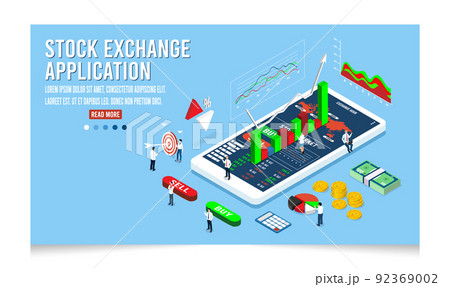 3D isometric stock exchange application concept for Cryptocurrency trading online, Trading market or investment mobile app. Global stock exchanges index. Vector illustration eps10 92369002