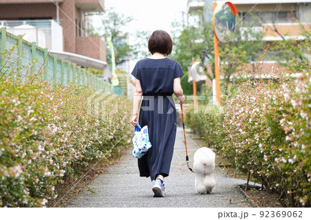 愛犬と遊歩道を散歩する女性 愛犬と遊歩道を散歩する女性 92369062