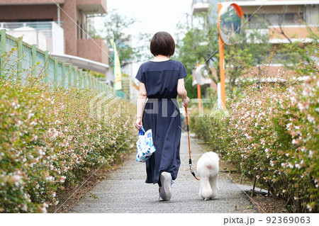 愛犬と遊歩道を散歩する女性 愛犬と遊歩道を散歩する女性 92369063