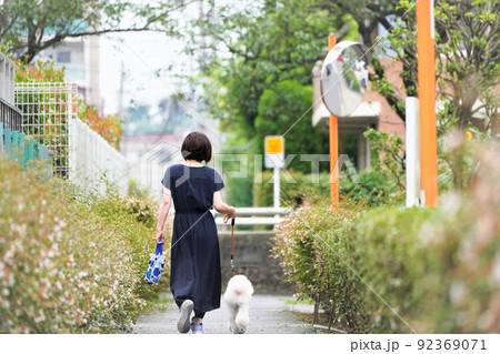 愛犬と遊歩道を散歩する女性 愛犬と遊歩道を散歩する女性 92369071