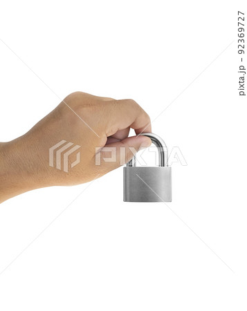 Metal padlock in hand isolated on white background 92369727