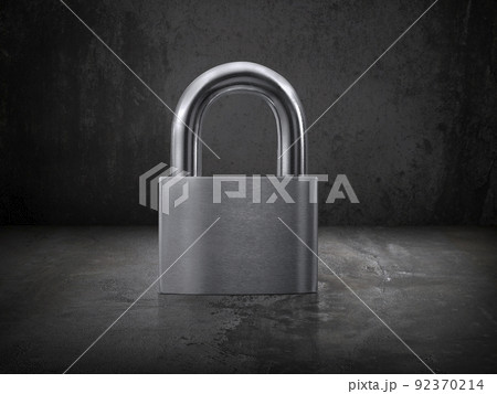 Locked Padlock on Cement floor and concrete old Wall Background 92370214