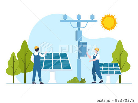 Solar Energy Installation, Panel or Wind Turbine Maintenance with Home Service Team For Electricity Network Operation in Cartoon Illustration Solar Energy Installation, Panel or Wind Turbine Maintenance with Home Service Team For Electricity Network Operation in Cartoon Illustration 92370278