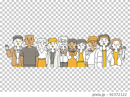 様々な国籍、人種、性別の人々が並んでこっちに笑顔で手を振る 多様性のある社会 様々な国籍、人種、性別の人々が並んでこっちに笑顔で手を振る 多様性のある社会 92372122
