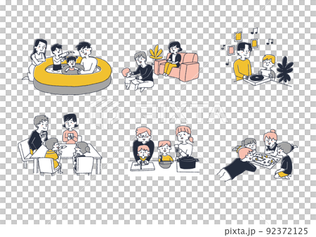 A set of people who enjoy family time at home Comical handwritten person vector, warm line drawing 92372125