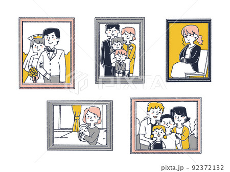 家族の思い出が詰まったフォトフレームのセット　コミカルな手書きの人物　ベクター、温かみのある線画 92372132