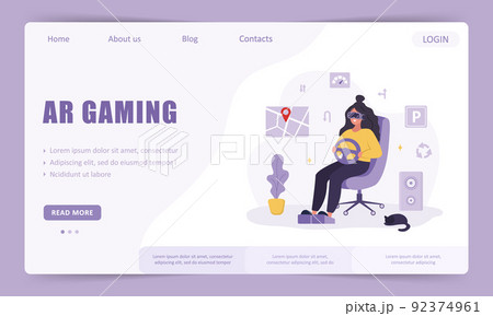AR gaming landing page template. Woman in VR glasses learning to drive car in metaverse. Racing video game simulator. Modern technology entertainment. Vector illustration in flat cartoon style 92374961