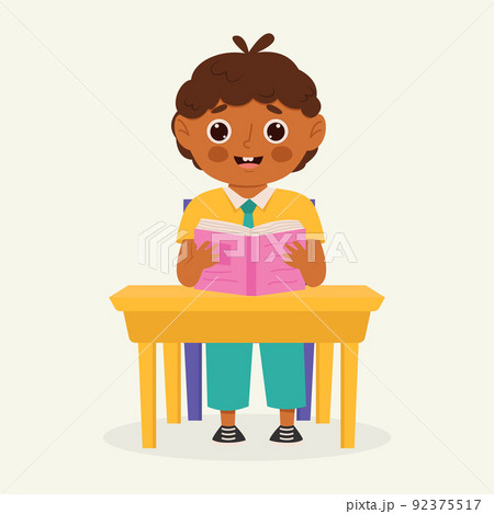 School kid with school supplies sitting at a school desk. Kid with backpack and book. Colorful cartoon character. Flat vector illustration. 92375517
