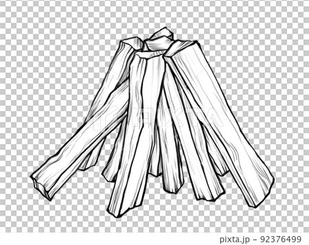 Realistic line drawing illustration of firewood stacked in a teepee shape Realistic line drawing illustration of firewood stacked in a teepee shape 92376499
