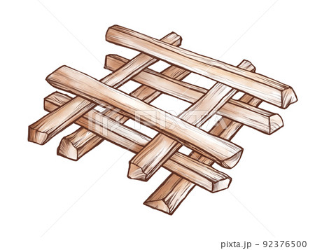 井桁型（ログキャビン型）に重ねられた薪のリアルな水彩イラスト 92376500
