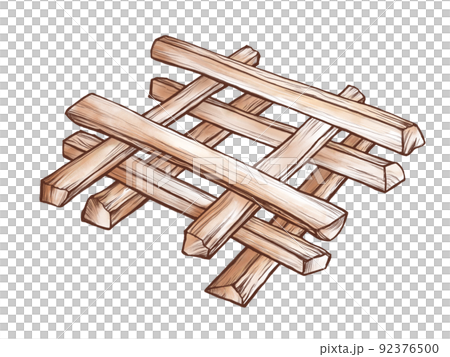 井桁型（ログキャビン型）に重ねられた薪のリアルな水彩イラスト 92376500