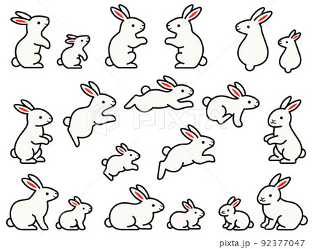 色々なポーズの白いウサギの親子のイラストセット 92377047