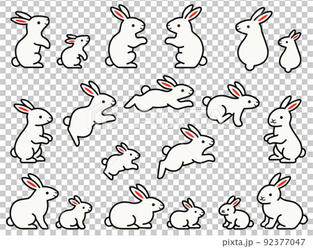 色々なポーズの白いウサギの親子のイラストセット 92377047