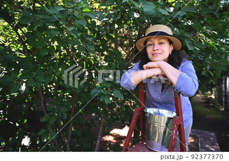 Pretty woman, farmer posing with a ladder and a metal bucket with harvested crop of fresh cherries in a cherry orchard Pretty woman, farmer posing with a ladder and a metal bucket with harvested crop of fresh cherries in a cherry orchard 92377370