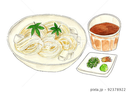 手描き水彩の薬味と麺つゆ付き素麺イラストのイラスト素材