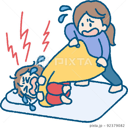 布団にしがみついて泣く子供のイラストのイラスト素材