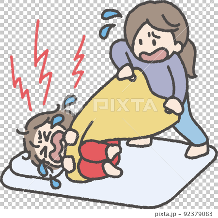 布団にしがみついて泣く子供のイラスト 92379083