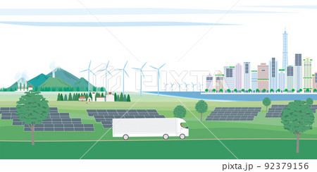 郊外から都市へ再生可能エネルギー発電のある風景 92379156