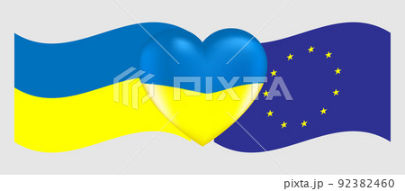 Vector drawing volume heart in the colors of the Ukrainian flag and flags of Ukraine and Euro union 92382460