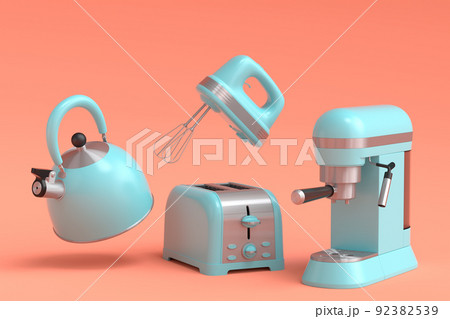 Espresso coffee machine, hand mixer, kettle and toaster on coral background. 92382539