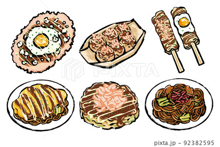 関西名物 ソース料理・粉もん料理のイラストセット 関西名物 ソース料理・粉もん料理のイラストセット 92382595