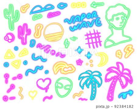 ヴェイパーウェイヴ ネオン 手描きイラストセット 92384182