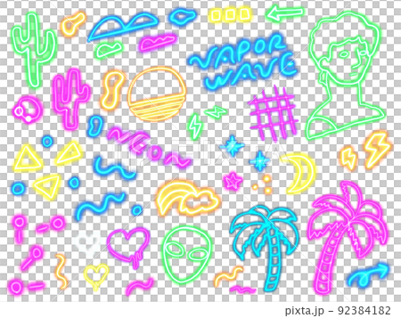 ヴェイパーウェイヴ ネオン 手描きイラストセット 92384182