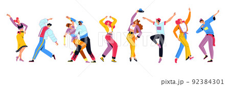 Happy dance people. Woman and man party persons, celebrate by young dancers and friends, colorful girls and boys fun characters. Different choreography positions, vector cartoon flat illustration 92384301