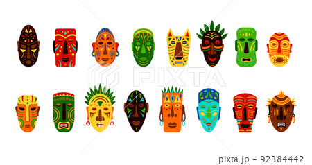 Africa tribe ethnic masks. African aborigine tiki tribal face, zulu human drawing, colorful ritual shapes. Colorful accessories, cartoon flat style isolated elements. Vector idols illustration set 92384442