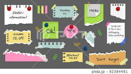 Paper memo stickers. Sticky note pad banner, board with pin and stationery clips, office stick notice, clip reminder. To do and notice list, reminders with torn edge, Vector isolated colorful design Paper memo stickers. Sticky note pad banner, board with pin and stationery clips, office stick notice, clip reminder. To do and notice list, reminders with torn edge, Vector isolated colorful design 92384481