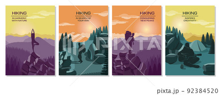 Mountain adventure posters. Hiking tourism. Outdoor vacation. Scenic sky. Rock panorama. Sport walk in forest nature. Trekking landscape. Camping and meditation at cliff peak. Vector backgrounds set 92384520