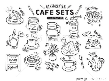 手描き素材セット_食べ物_カフェセット_シール風線画 手描き素材セット_食べ物_カフェセット_シール風線画 92384692