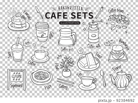 手描き素材セット_食べ物_カフェセット_シール風線画 手描き素材セット_食べ物_カフェセット_シール風線画 92384692
