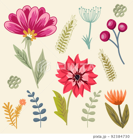A set of beautiful red, pink flowers and herbs in vector for creating a bouquet, booklet, decorating A set of beautiful red, pink flowers and herbs in vector for creating a bouquet, booklet, decorating 92384730
