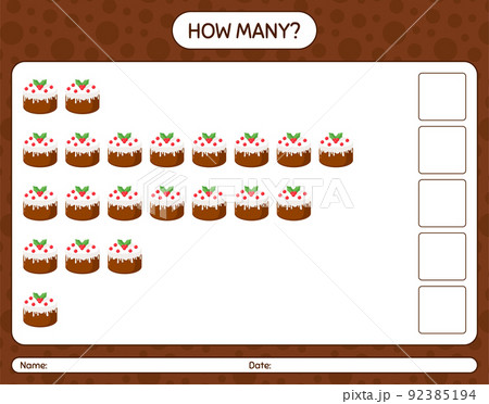 How many counting game with christmas cake. worksheet for preschool kids, kids activity sheet 92385194