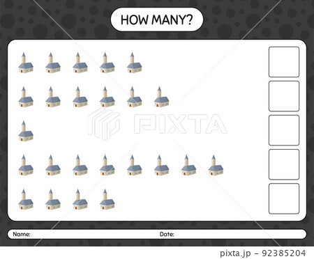 How many counting game with church. worksheet for preschool kids, kids activity sheet How many counting game with church. worksheet for preschool kids, kids activity sheet 92385204