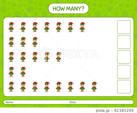 How many counting game with elf. worksheet for preschool kids, kids activity sheet How many counting game with elf. worksheet for preschool kids, kids activity sheet 92385209